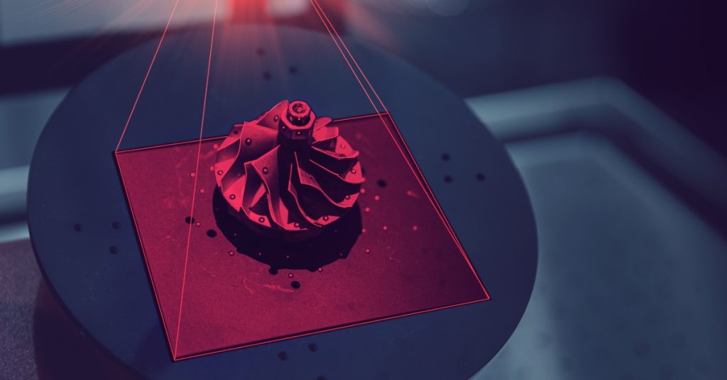 A 3D laser scan of a piece of metal that almost looks like a flower. The metal is in a box that is being highlighted in red.